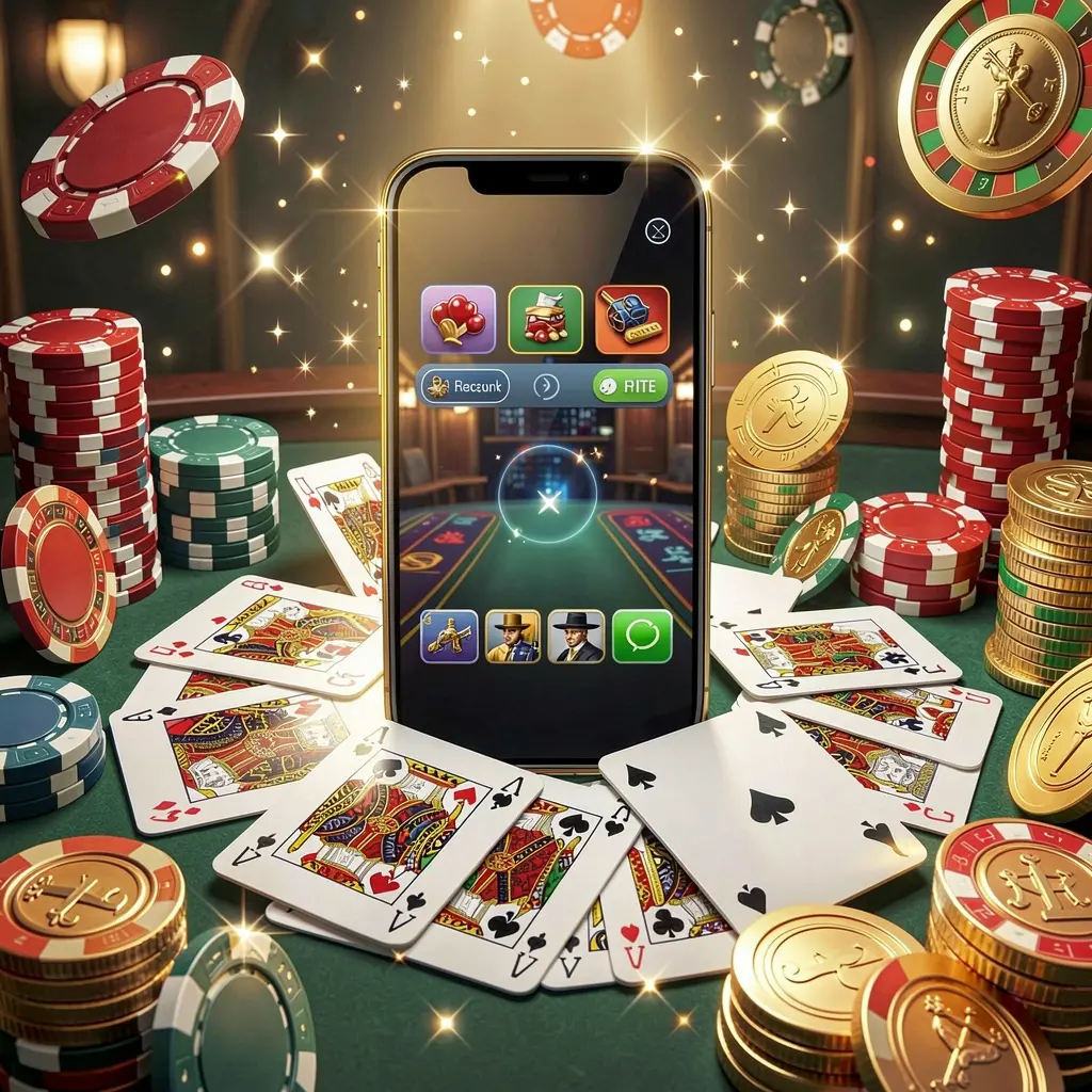 Conceito de aplicativo móvel de jogos KKK58 mostrando um smartphone cercado por cartas de baralho, fichas de roleta, moedas de ouro e luzes brilhantes em um estilo de cassino premium