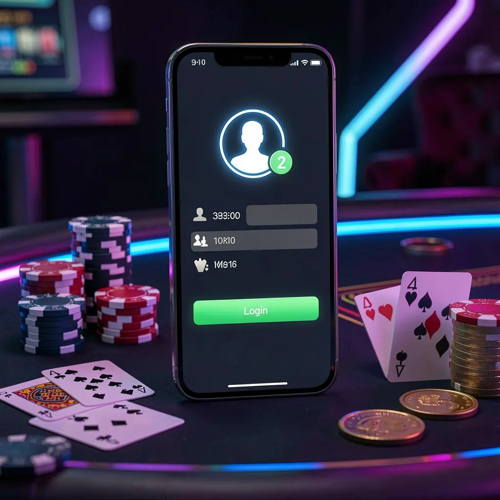 Cena de acesso ao aplicativo de cassino KKK58 em um smartphone com ícone de perfil de usuário brilhante, cercado por fichas, cartas e moedas contra um elegante fundo escuro com destaques em neon