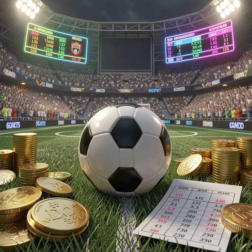 Cena premium de apostas esportivas KKK58 com um campo de futebol, público no estádio, bola de futebol, moedas douradas, elementos de bilhete de aposta e painéis de cotações em neon em uma renderização 3D realista de alto nível de detalhe