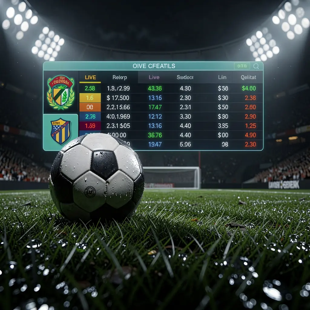 Banner da página de apostas em futebol KKK58 com uma bola de futebol sobre grama molhada sob luzes dramáticas de estádio, com gráficos brilhantes de cotações ao vivo em uma atmosfera esportiva premium e escura