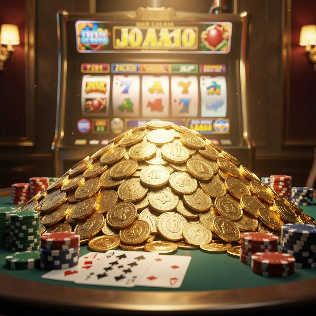 Cena de bônus de jackpot do cassino online KKK58 com uma enorme pilha de moedas douradas, máquina caça-níqueis com luzes brilhantes de jackpot, fichas de pôquer e cartas de baralho sobre uma mesa luxuosa sob iluminação cinematográfica dramática