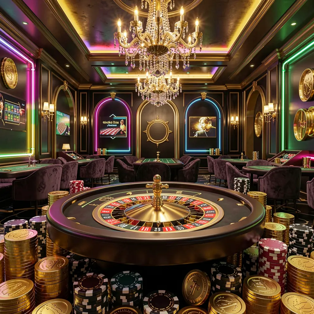 Salão de cassino luxuoso com mesa de roleta, fichas de pôquer e moedas douradas iluminadas por luzes de neon brilhantes em uma atmosfera premium preta e dourada, apresentando o elegante ambiente de jogos do cassino online KKK58