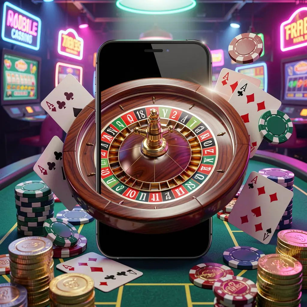 Experiência de cassino móvel KKK58 mostrando um smartphone cercado por uma roleta, fichas de pôquer, cartas de baralho e moedas em uma atmosfera vibrante de cassino em neon