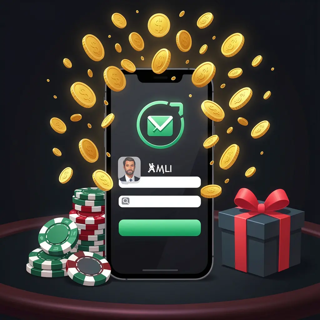 Ilustração de acesso de usuário ao cassino KKK58 mostrando um telefone com um ícone de acesso seguro, moedas douradas saindo da tela, fichas de pôquer e uma caixa de presente próxima sobre um fundo escuro premium