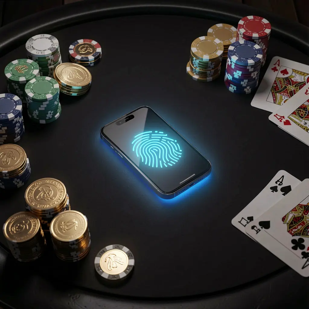 Conceito de autenticação do cassino online KKK58 mostrando um telefone com escaneamento de impressão digital brilhante sobre uma mesa preta premium, cercado por fichas de pôquer, moedas douradas e cartas de baralho em uma renderização 3D cinematográfica