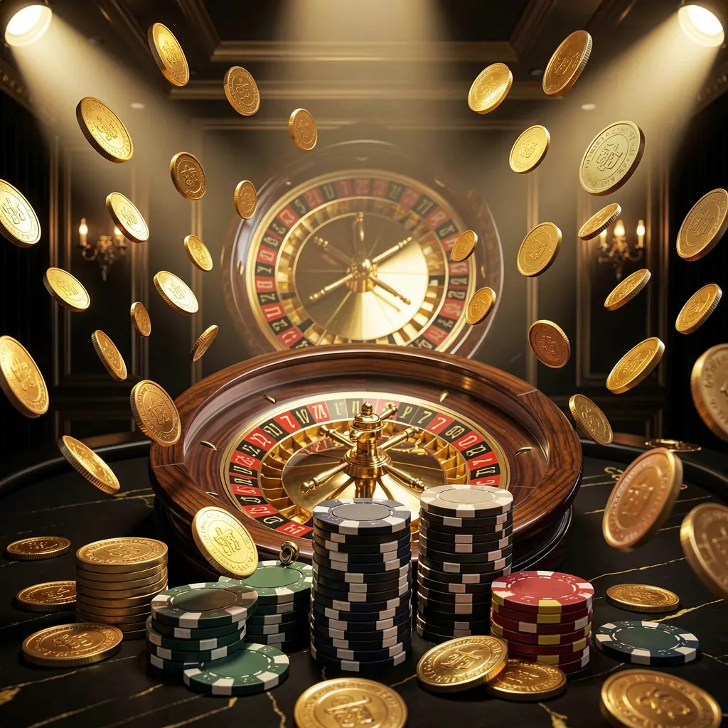 Fundo da página principal do cassino online KKK58 com luzes dramáticas de cassino, moedas douradas voando, fichas de pôquer empilhadas em primeiro plano e uma roleta ao fundo, em uma atmosfera luxuosa preta e dourada Fundo da página principal do cassino online KKK58 com luzes dramáticas de cassino, moedas douradas voando, fichas de pôquer empilhadas em primeiro plano e uma roleta ao fundo, em uma atmosfera luxuosa preta e dourada